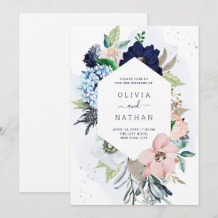 Nautical Flowers Navy Blue and Blush Pink Wedding Invitation