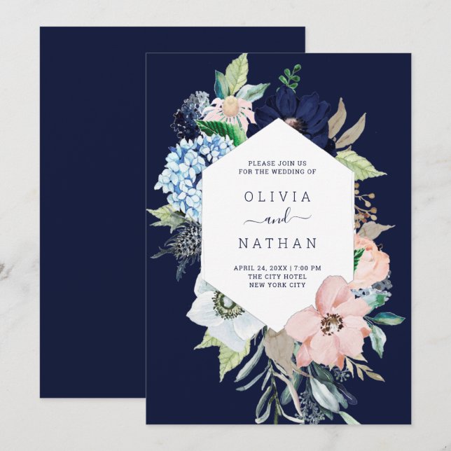 Nautical Flowers Navy Blue and Blush Pink Wedding Invitation (Front/Back)