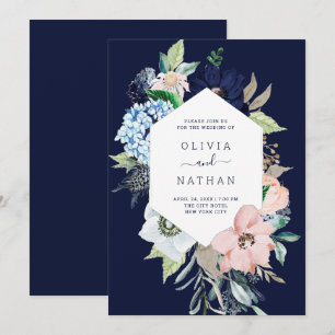 Nautical Flowers Navy Blue and Blush Pink Wedding Invitation