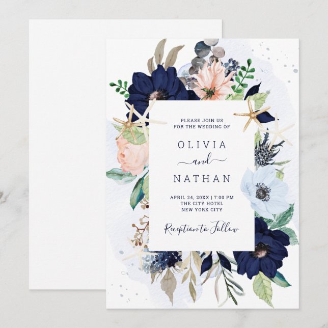 Nautical Flowers Navy Blue and Blush Pink Wedding Invitation (Front/Back)