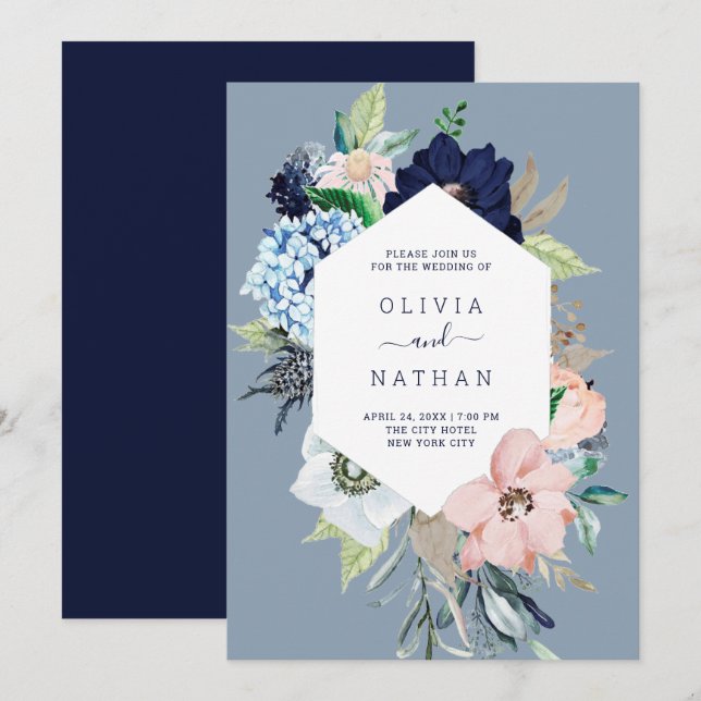 Nautical Flowers Navy Blue and Blush Pink Wedding Invitation (Front/Back)