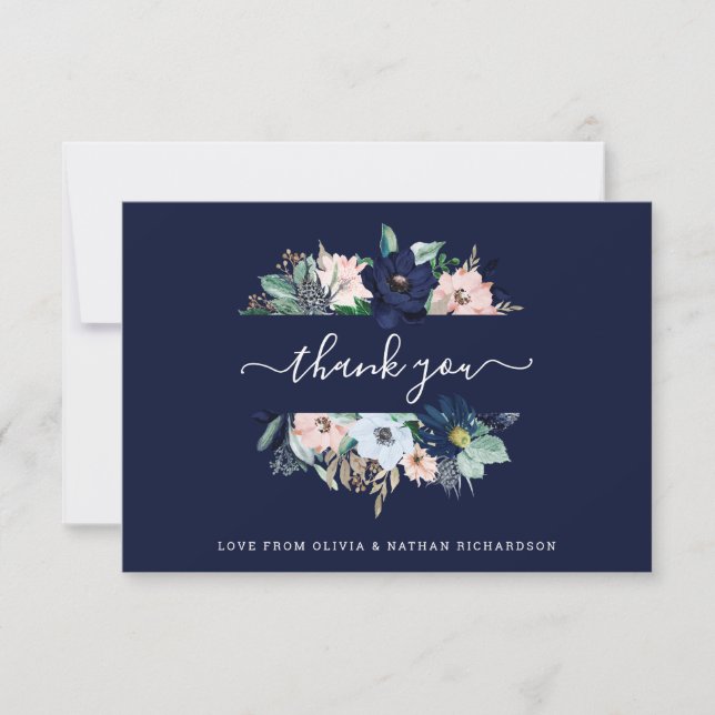 Nautical Flowers Navy Blue and Blush Pink Wedding Thank You Card (Front)