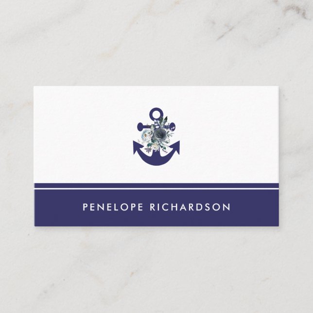 Nautical Flowers | Navy Blue Floral Anchor Business Card (Front)