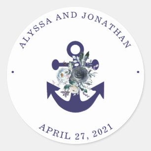 Nautical Flowers   Navy Blue Floral Anchor Classic Round Sticker