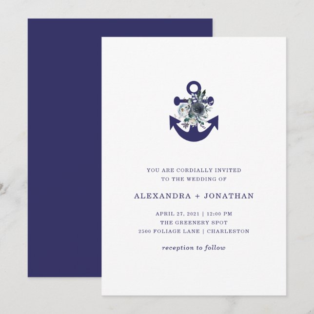 Nautical Flowers | Navy Blue Floral Anchor Wedding Invitation (Front/Back)
