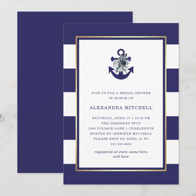Nautical Flowers | Navy Blue Floral Bridal Shower Invitation (Front/Back)