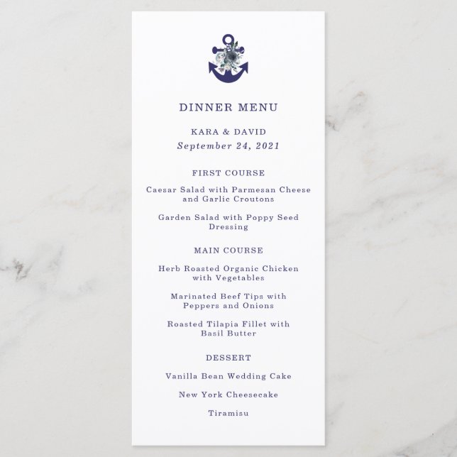 Nautical Flowers | Navy Floral Anchor Wedding Menu (Front)