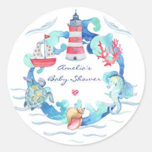 Nautical Gender Neutral Watercolor Baby Shower Classic Round Sticker