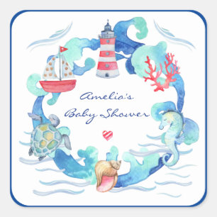 Nautical Gender Neutral Watercolor Baby Shower Square Sticker