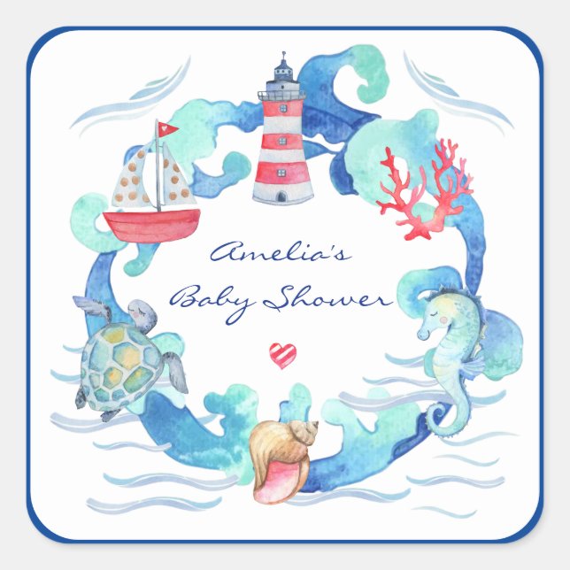 Nautical Gender Neutral Watercolor Baby Shower Square Sticker (Front)
