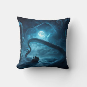 Nautical Giant Octopus and Boat Mysterious Cushion