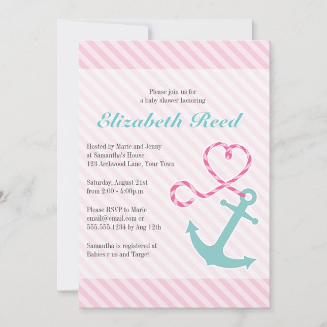 Nautical Girl Baby Shower Anchor w/ Heart Rope Invitation (Front)