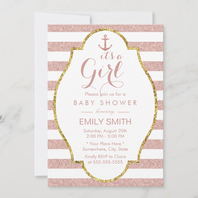 Nautical Girl Baby Shower Rose Gold Stripes Invitation (Front)