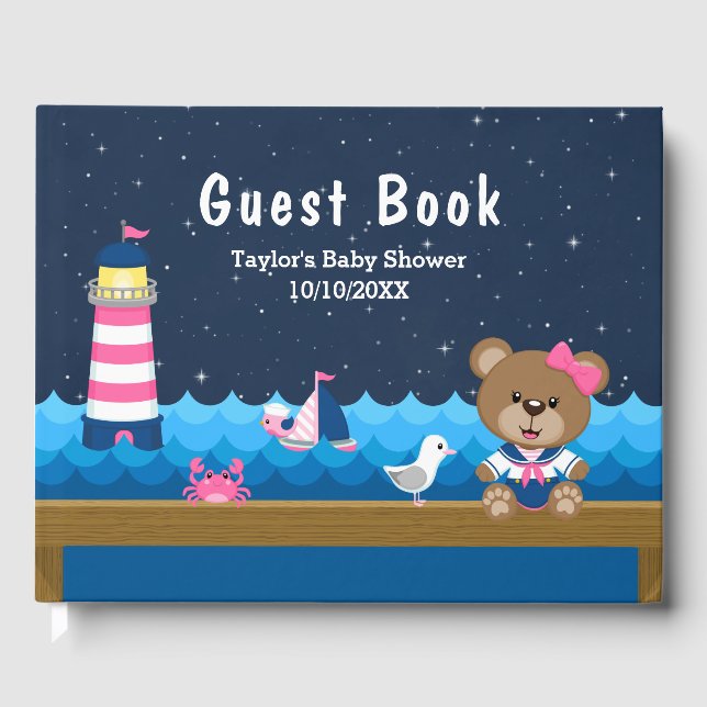 Nautical Girl Bear Pink and Navy Baby Shower Guest Book (Front)