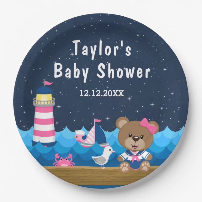 Nautical Girl Bear Pink and Navy Baby Shower Paper Plate (Front)