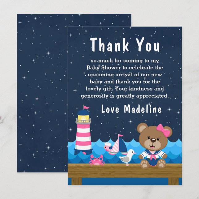 Nautical Girl Bear Pink and Navy Baby Shower Thank You Card (Front/Back)