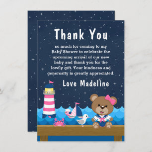 Nautical Girl Bear Pink and Navy Baby Shower Thank You Card