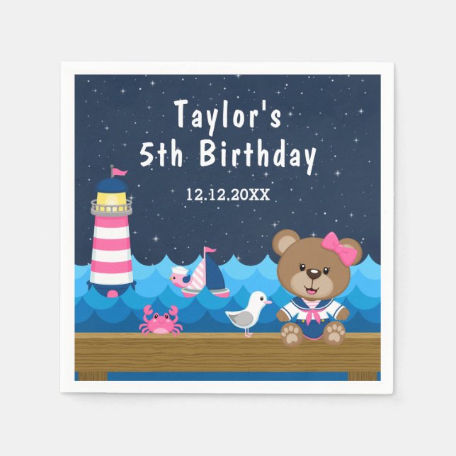 Nautical Girl Bear Pink and Navy Birthday Party Napkin (Front)