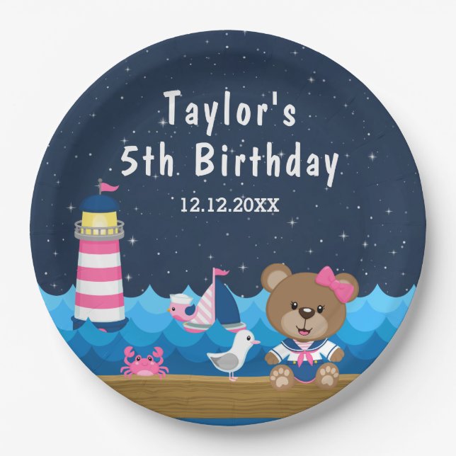 Nautical Girl Bear Pink and Navy Birthday Party Paper Plate (Front)