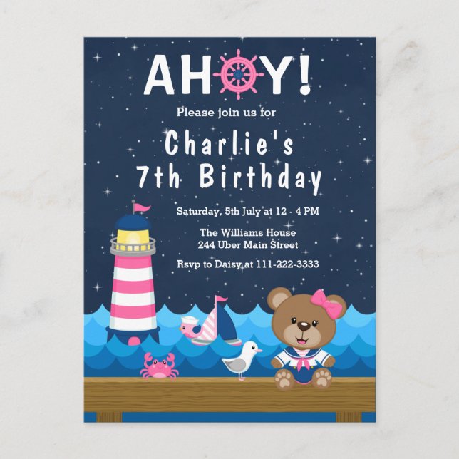 Nautical Girl Bear Pink and Navy Birthday Party Postcard (Front)