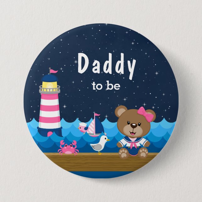 Nautical Girl Bear Pink and Navy Daddy To Be 7.5 Cm Round Badge (Front)