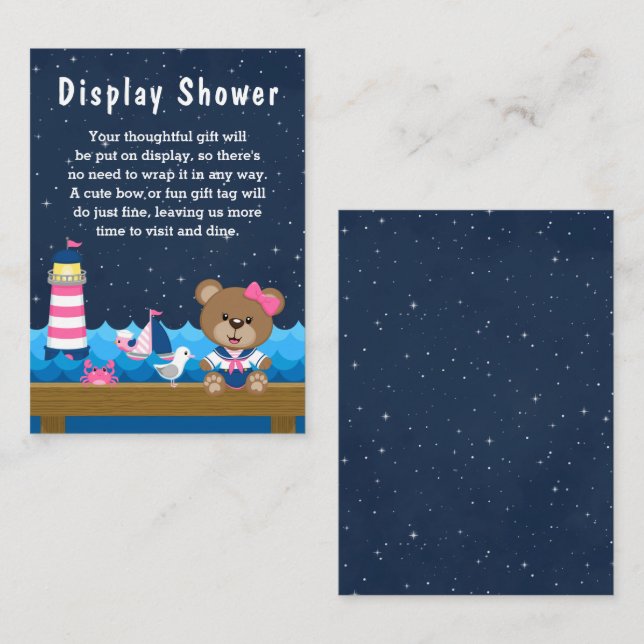 Nautical Girl Bear Pink and Navy Display Shower Enclosure Card (Front/Back)