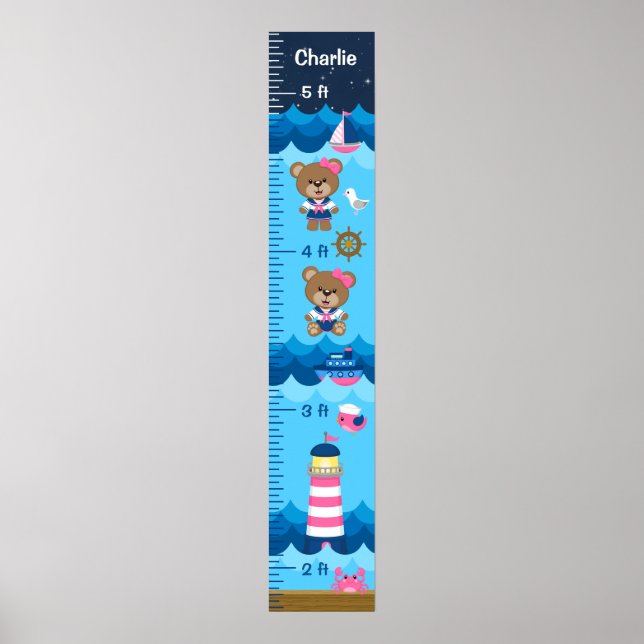 Nautical Girl Bear Pink and Navy Growth Chart (Front)