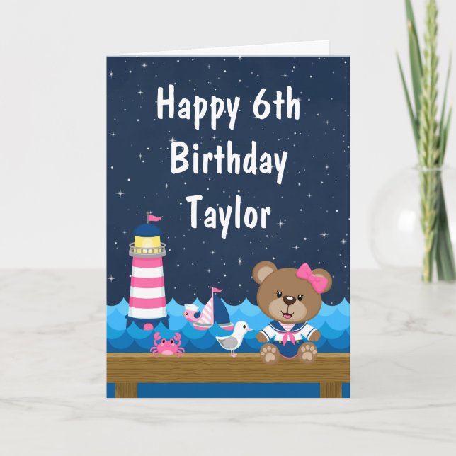 Nautical Girl Bear Pink and Navy Happy Birthday Card (Front)
