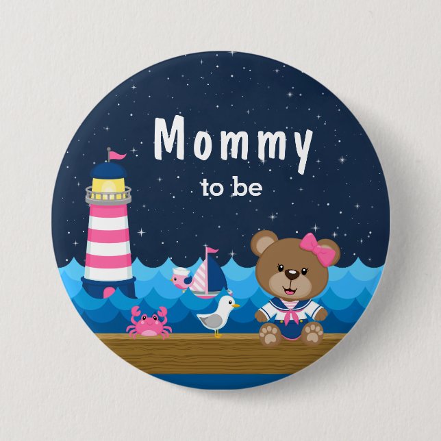 Nautical Girl Bear Pink and Navy Mummy To Be 7.5 Cm Round Badge (Front)