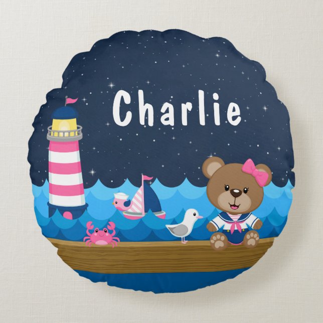 Nautical Girl Bear Pink and Navy Round Cushion (Front)