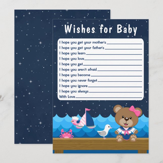 Nautical Girl Bear Pink and Navy Wishes For Baby Invitation (Front/Back)