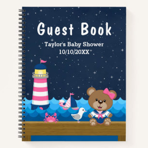 Nautical Girl Bear Pink Baby Shower Guest Book
