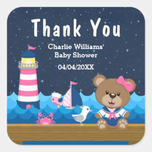 Nautical Girl Bear Pink Baby Shower Thank You Square Sticker