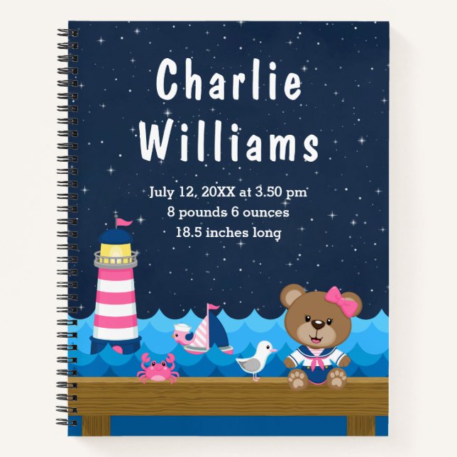 Nautical Girl Bear Pink Navy Birth Statistics Notebook (Front)