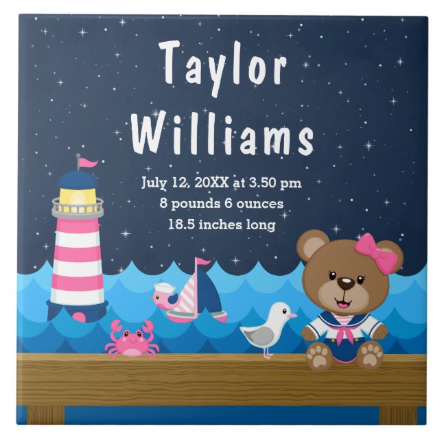 Nautical Girl Bear Pink Navy Birth Statistics Tile (Front)