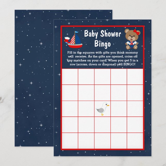 Nautical Girl Bear Red and Navy Baby Bingo Invitation (Front/Back)