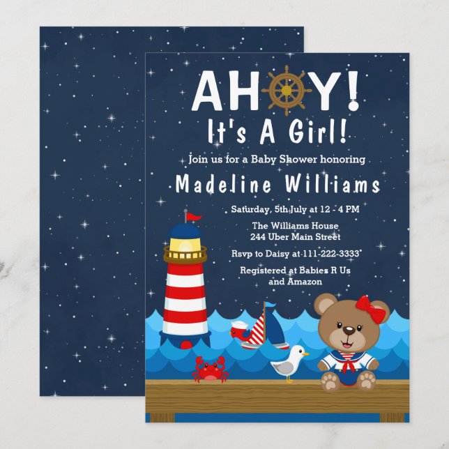 Nautical Girl Bear Red and Navy Baby Shower Invitation (Front/Back)