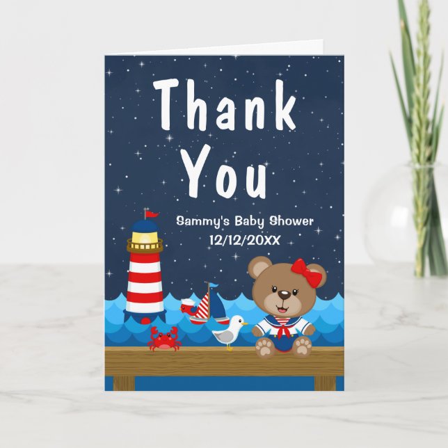 Nautical Girl Bear Red and Navy Baby Shower Thank You Card (Front)