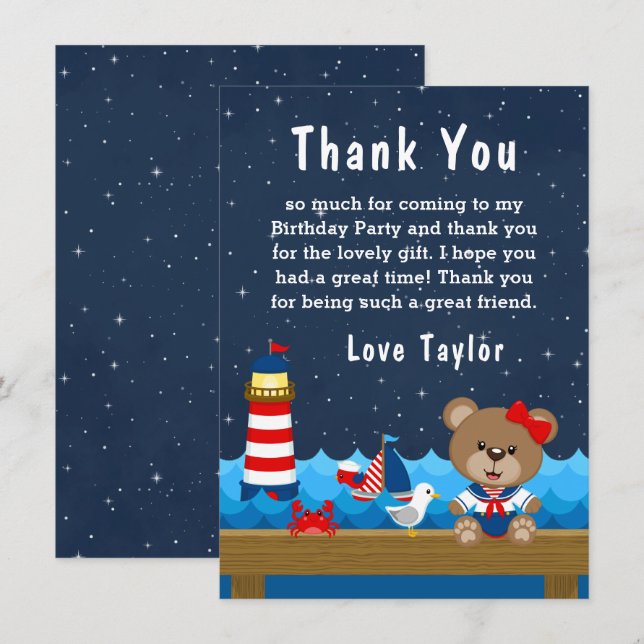 Nautical Girl Bear Red and Navy Birthday Party Thank You Card (Front/Back)