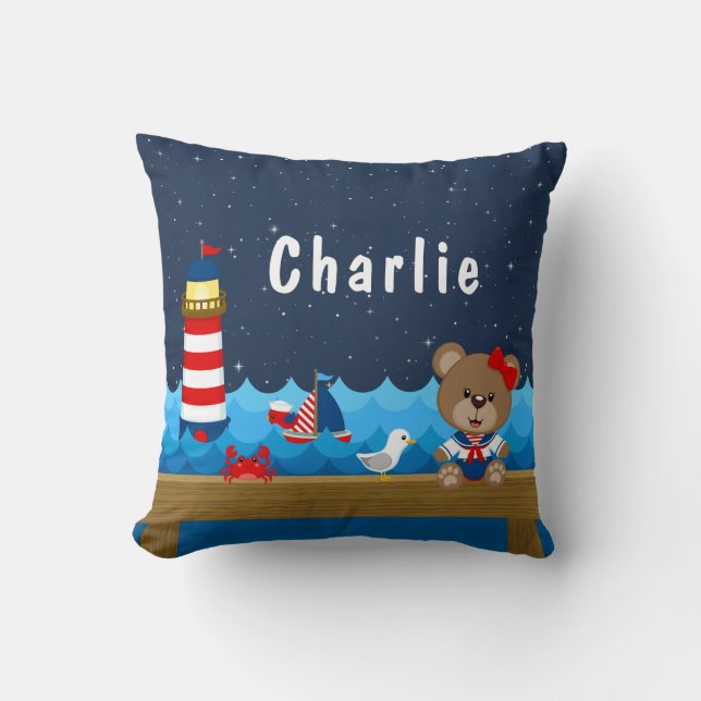Nautical Girl Bear Red and Navy Cushion (Front)