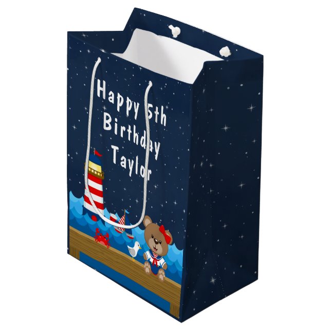 Nautical Girl Bear Red and Navy Happy Birthday Medium Gift Bag (Front Angled)