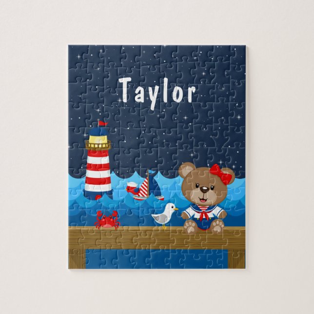 Nautical Girl Bear Red and Navy Jigsaw Puzzle (Vertical)