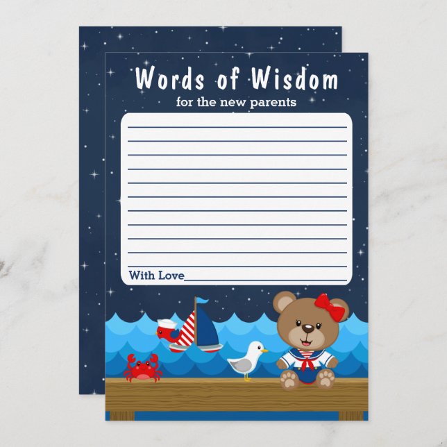 Nautical Girl Bear Red and Navy Words of Wisdom Invitation (Front/Back)