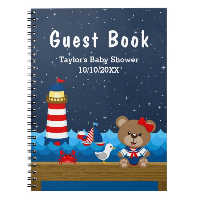 Nautical Girl Bear Red Baby Shower Guest Book (Front)