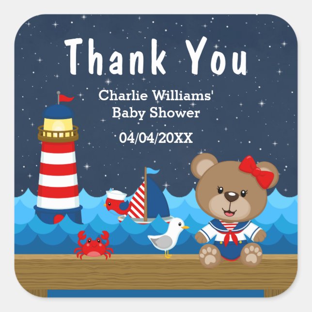 Nautical Girl Bear Red Baby Shower Thank You Square Sticker (Front)