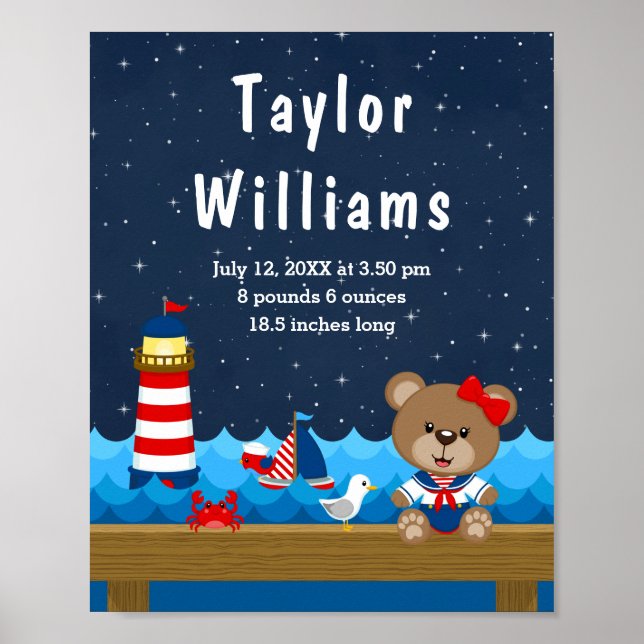 Nautical Girl Bear Red Navy Birth Statistics Poster (Front)