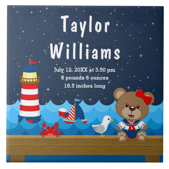 Nautical Girl Bear Red Navy Birth Statistics Tile (Front)