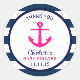 Nautical GIRL Hot Pink Navy Blue Baby Shower Favou Classic Round Sticker