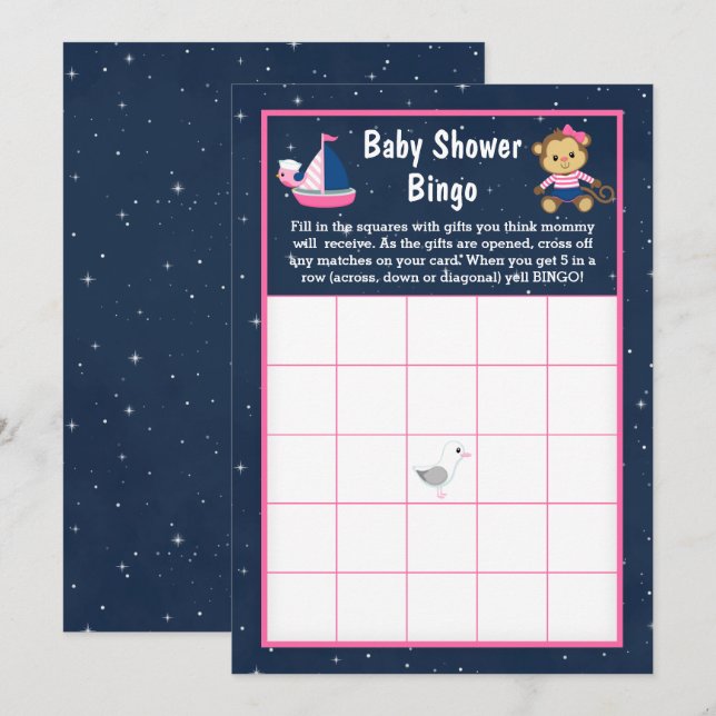 Nautical Girl Monkey Pink and Navy Baby Bingo Invitation (Front/Back)