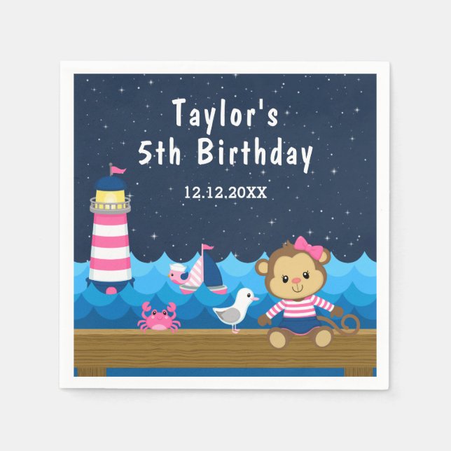 Nautical Girl Monkey Pink and Navy Birthday Party Napkin (Front)